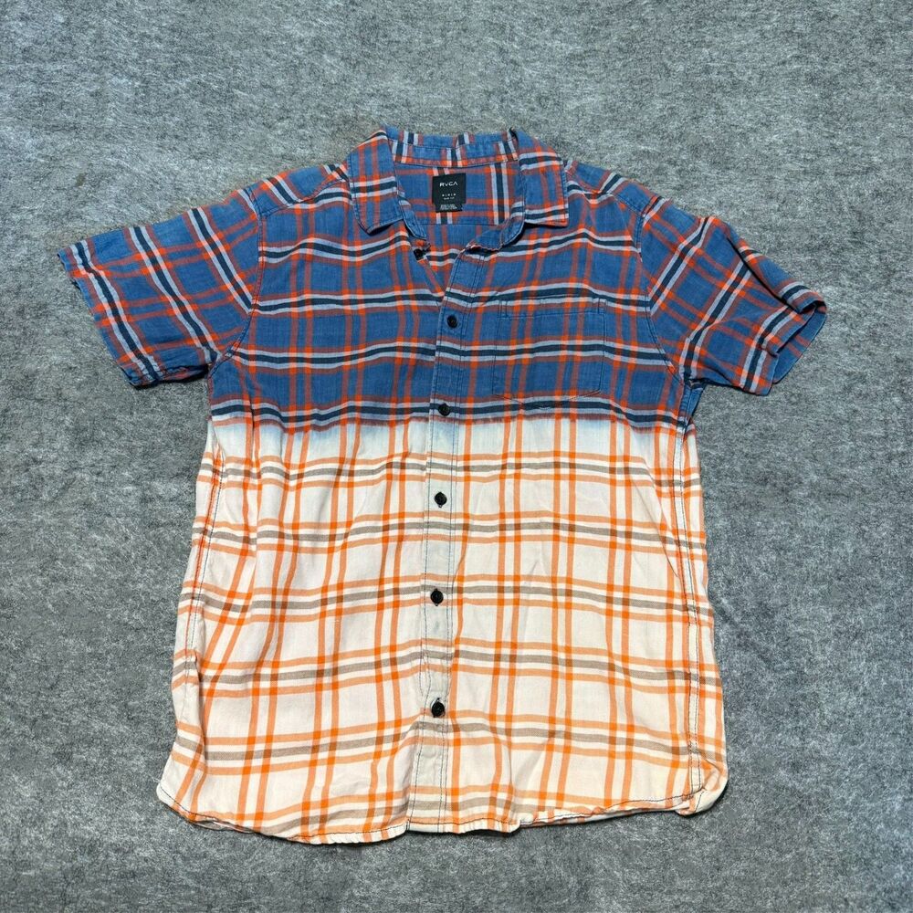 Rvca Mens Shirt Size M Multicolor Plaid Colorblock Flannel Chambray Slim Fit